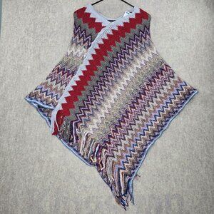 Permanent Womens Colorful Chevron Knit Poncho With Fringe Hem One Size Acrylic